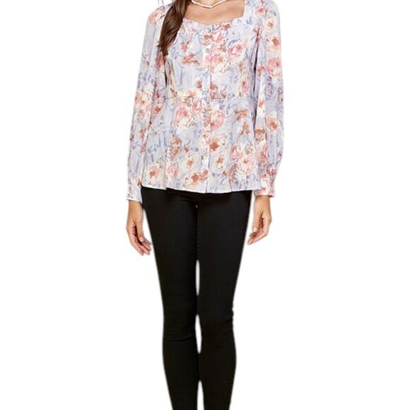 Floral Sweetheart Neckline Button Down Pink, Purple, and White Blouse - Picture 6 of 7